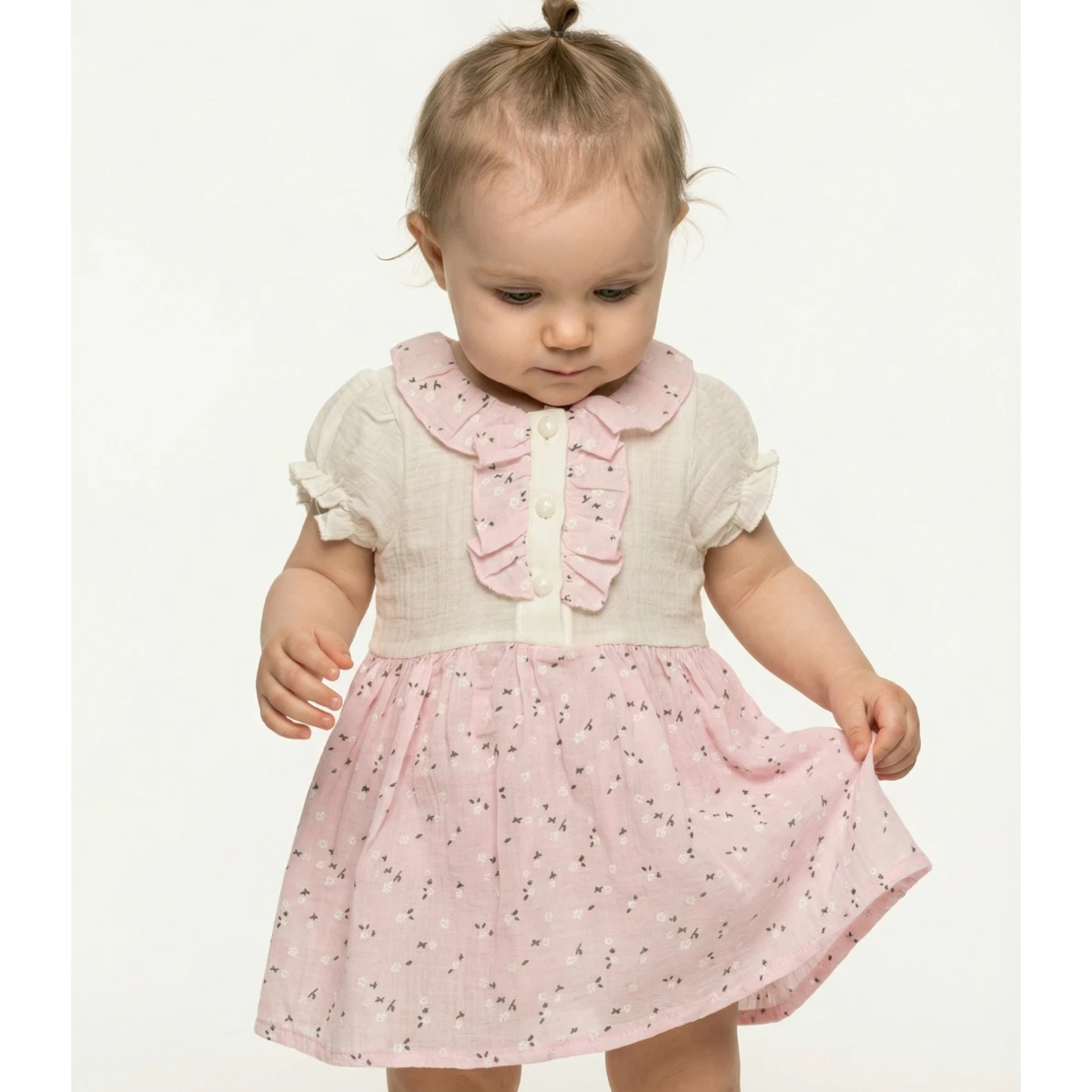 CANCUNO baby girl dress 9–18 months – ÇİÇEK DESENLİ İNCİ DÜĞMELİ