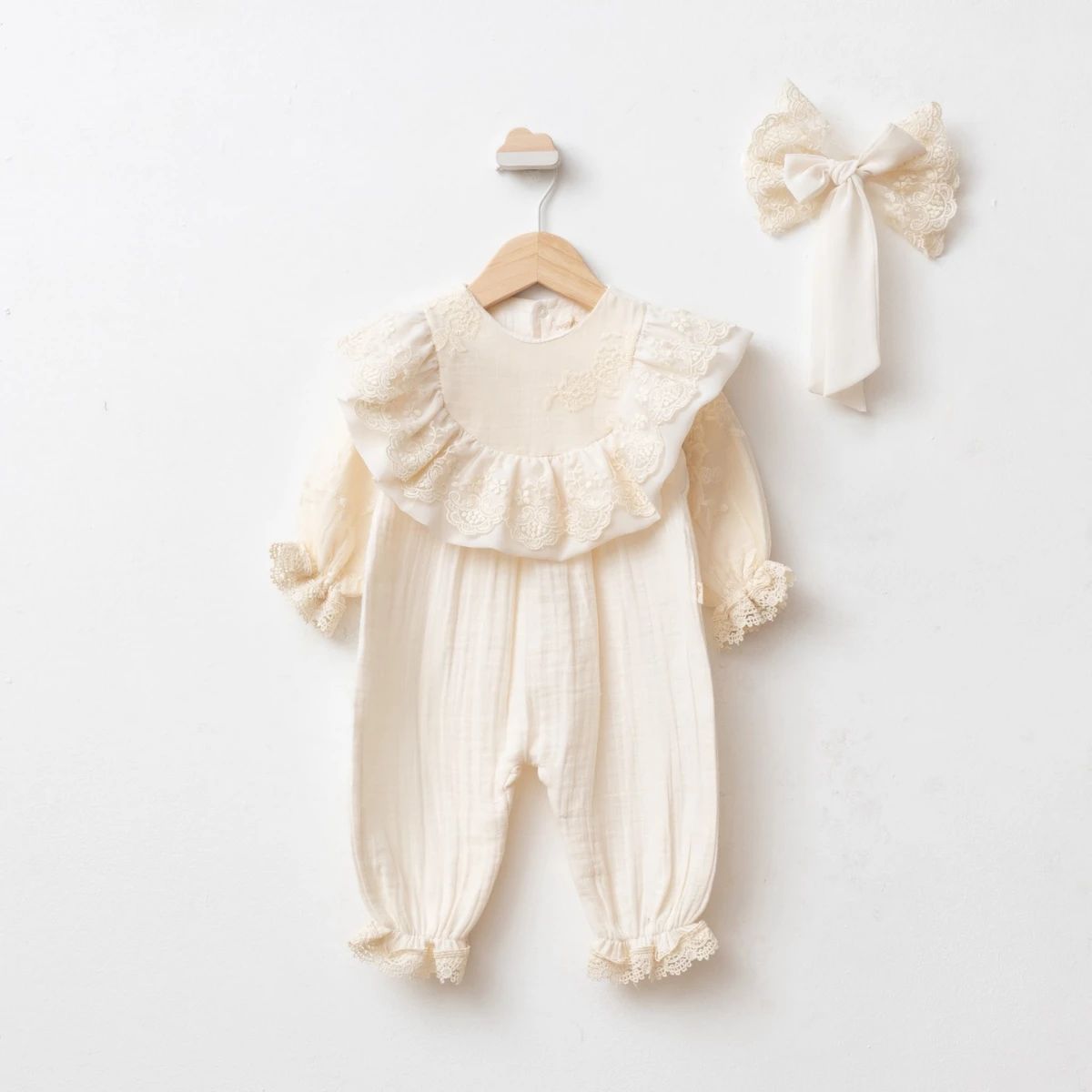 Baby Jumpsuit — Muslin, Bow detail — 0-3 months — 8029PG