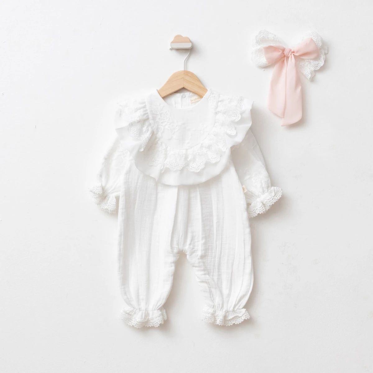 Baby Jumpsuit — Muslin, Bow detail — 0-3 months — 8028PG